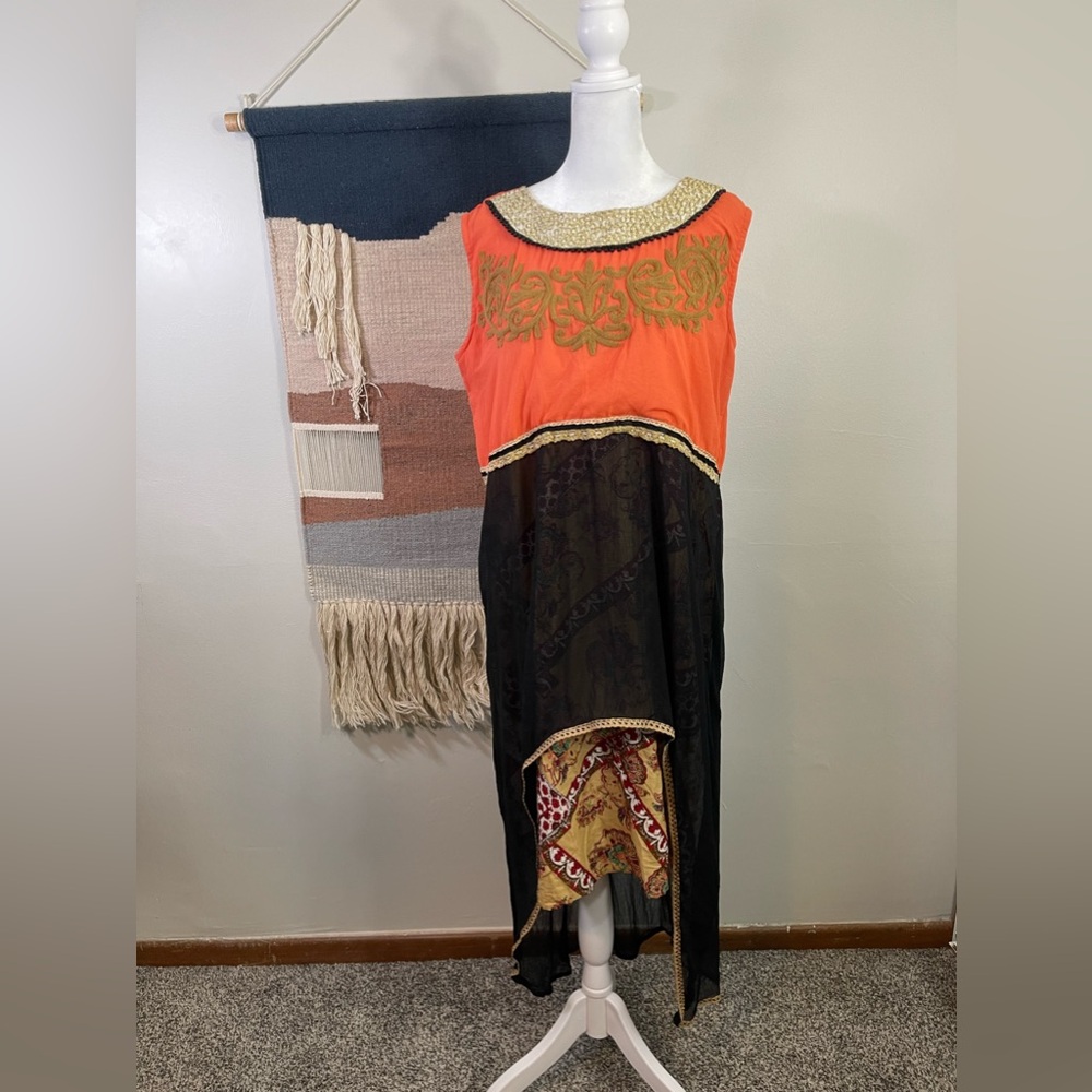 Vintage Handmade Bohemian Silk Embroidered Beaded High Low Maxi Dress XXL